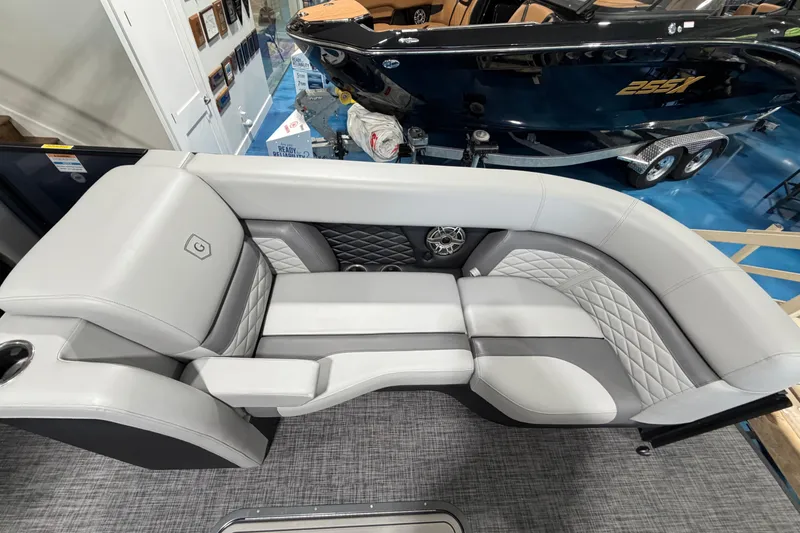 Slide: The Image of Luxurious seating on 2026 Godfrey Monaco 255 MTF boat, featuring elegant upholstery and modern design. - 6