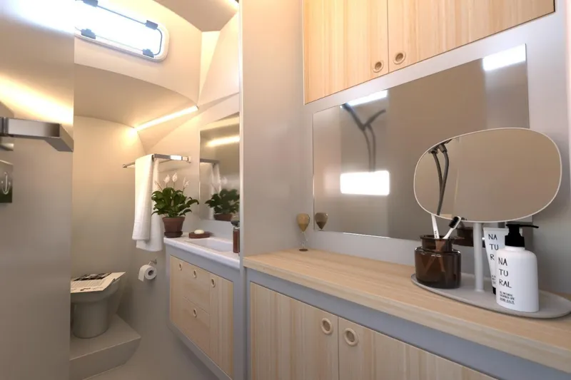 Slide: The Image of Modern bathroom interior in 2026 Catamaran Cruisers Power Cat, featuring sleek design and natural accents. - 19