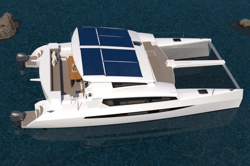Slide: The Image of 2026 Catamaran Cruisers Power Cat with solar panels on blue water. - 2