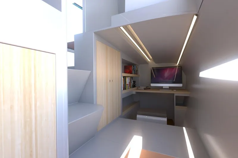 Slide: The Image of Modern interior of 2026 Catamaran Cruisers Power Cat with sleek design and workspace. - 20
