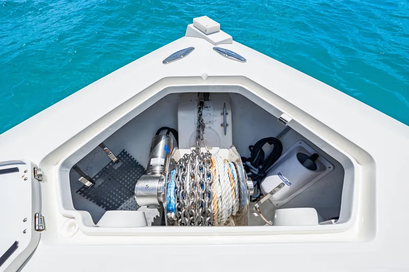 Slide: The Image of Anchor locker of 2021 SeaVee 390B boat with chain and rope storage. - 67