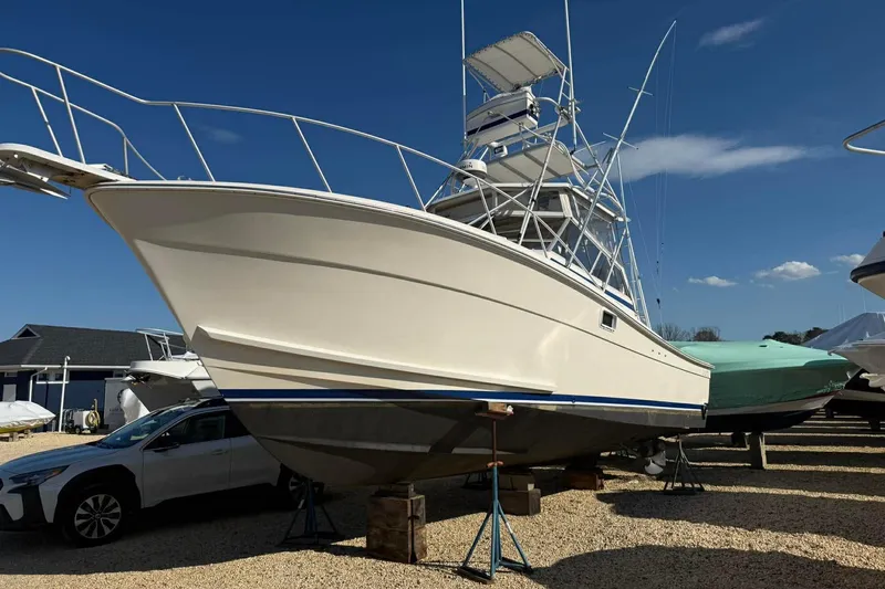 The Image of 1986 Topaz 32 Express boat on stands, clear sky background. - 0