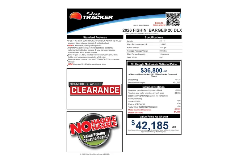 Slide: The Image of 2026 Sun Tracker Fishin' Barge 20 DLX brochure with pricing and specifications. - 95