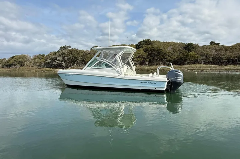 Slide: The Image of 2023 World Cat 230 DC boat on calm water, surrounded by lush greenery. - 8