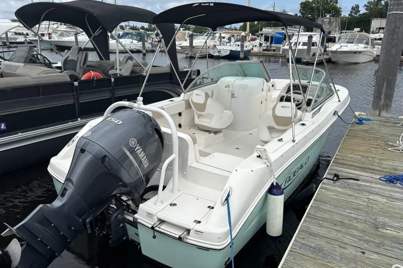Slide: The Image of 2019 Robalo R207 Dual Console boat docked with Yamaha engine. - 1