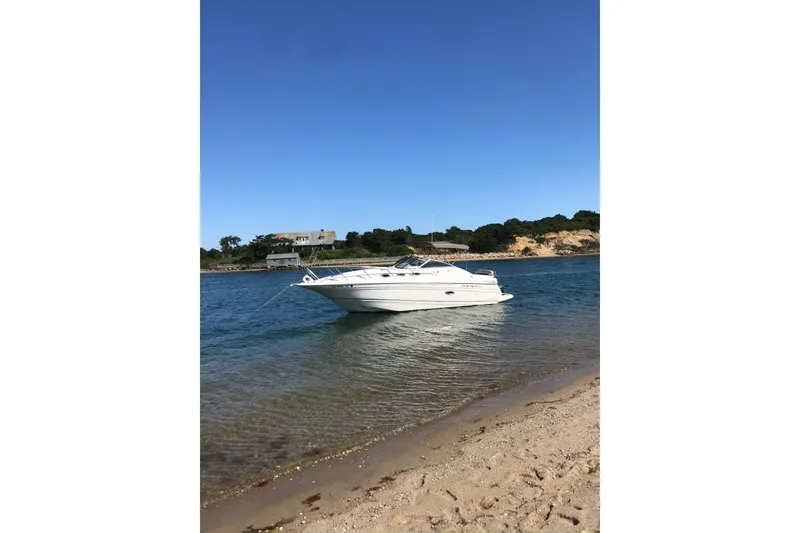 Slide: The Image of 2001 Regal Commodore 2660 boat anchored near sandy shore under clear blue sky. - 8