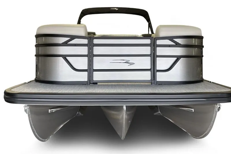 Slide: The Image of 2026 Bennington 22 S Swingback pontoon boat, front view, sleek design, silver finish. - 3