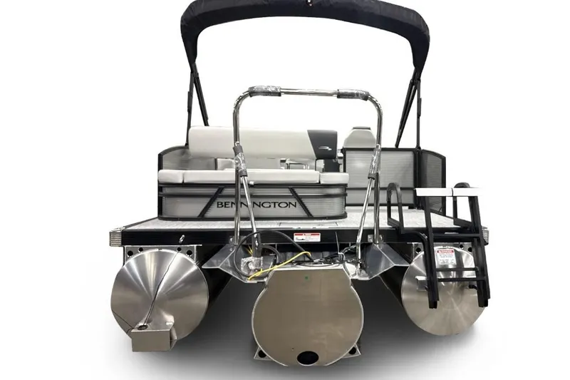 Slide: The Image of 2026 Bennington 22 S Swingback pontoon boat, rear view with seating and canopy. - 7