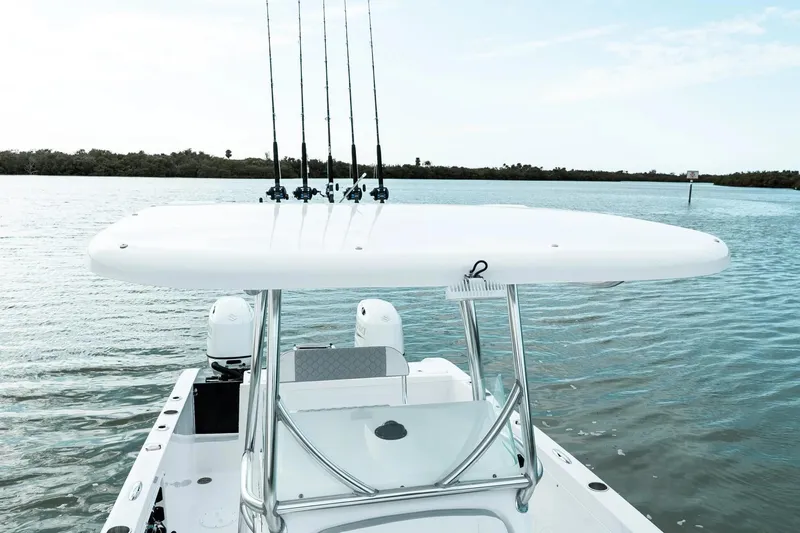 Slide: The Image of 2026 Twin Vee 240 STX CC boat on calm waters. - 11