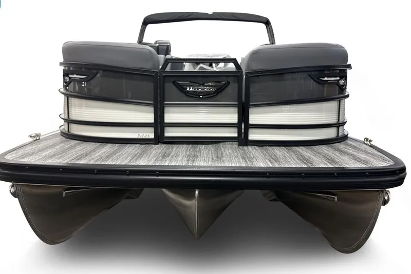 Slide: The Image of 2026 Bennington 23 M Swingback pontoon boat, front view, sleek design. - 2