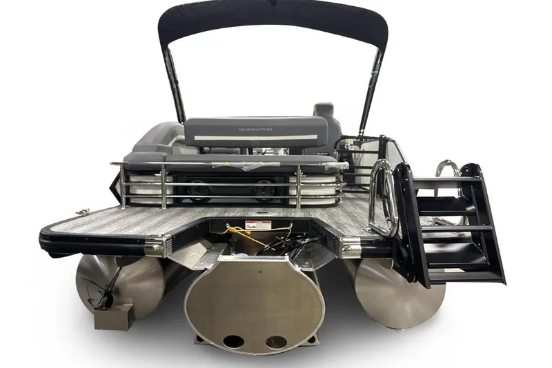 Slide: The Image of 2026 Bennington 23 M Swingback pontoon boat, rear view with swim platform and ladder. - 6