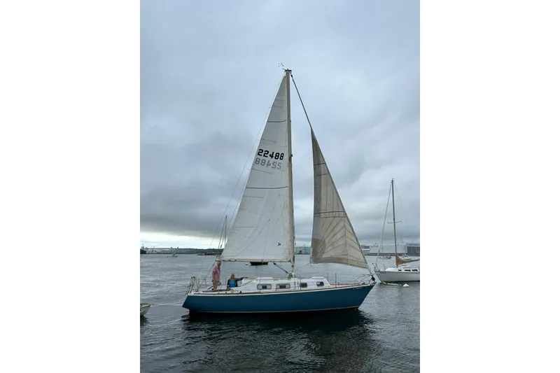 Slide: The Image of 1974 Tartan Sloop sailboat on calm water under cloudy skies. - 4