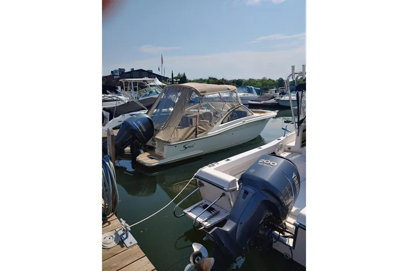 Slide: The Image of 2019 Scout 235 Dorado boat docked with Yamaha outboard engines. - 4