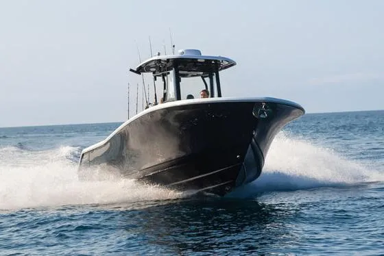 Slide: The Image of 2023 Tidewater 282 CC Adventure Bluewater boat with Garmin equipment, docked in a residential area. - 9