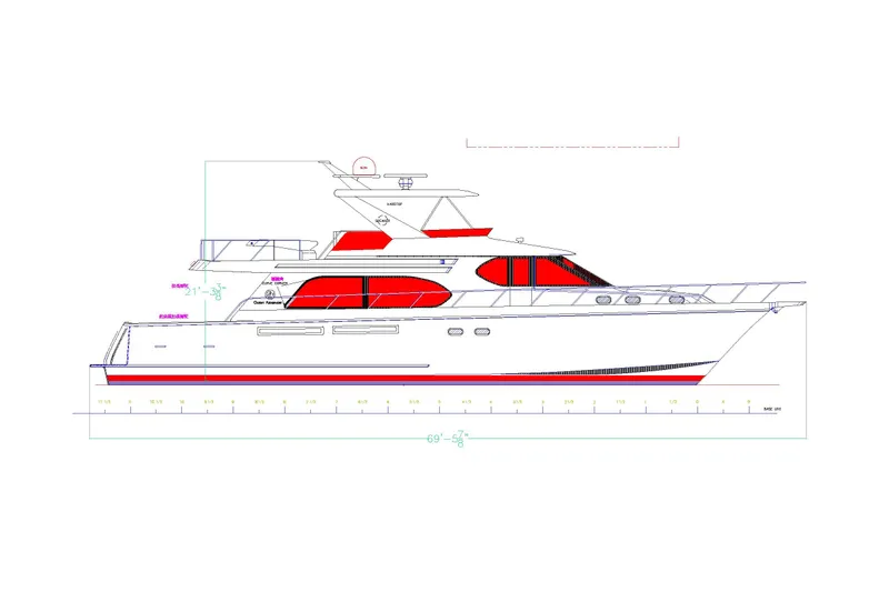 Slide: The Image of 2005 Ocean Alexander Raised Pilothouse Flybridge Sedan yacht blueprint, side view. - 53