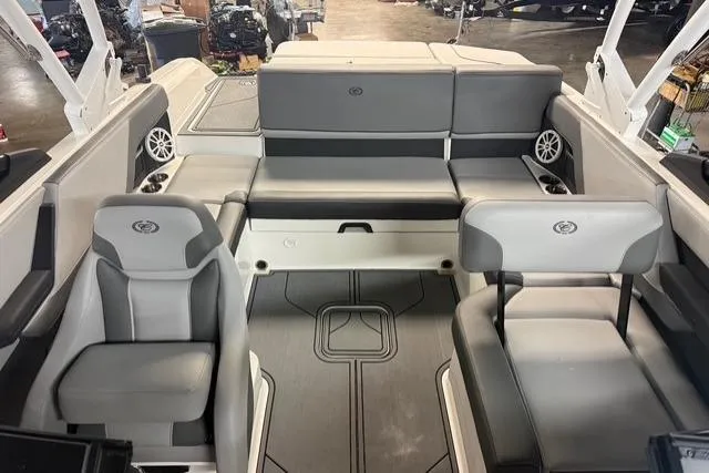 Slide: The Image of 2025 Cobalt CS22 boat interior with gray seating and modern design. - 5