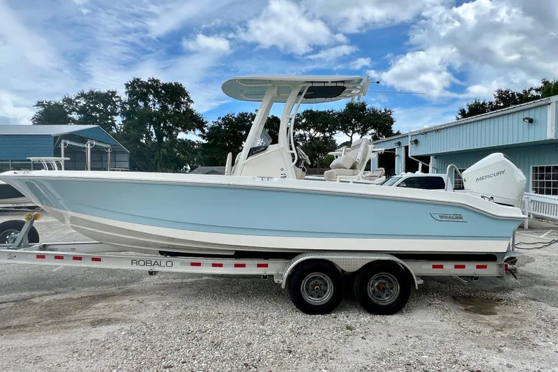 Slide: The Image of 2026 Boston Whaler 250 Dauntless on trailer, blue sky. - 5