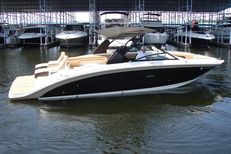 Slide: The Image of 2018 Sea Ray SDX 290 boat docked in marina, featuring sleek black and white design. - 9