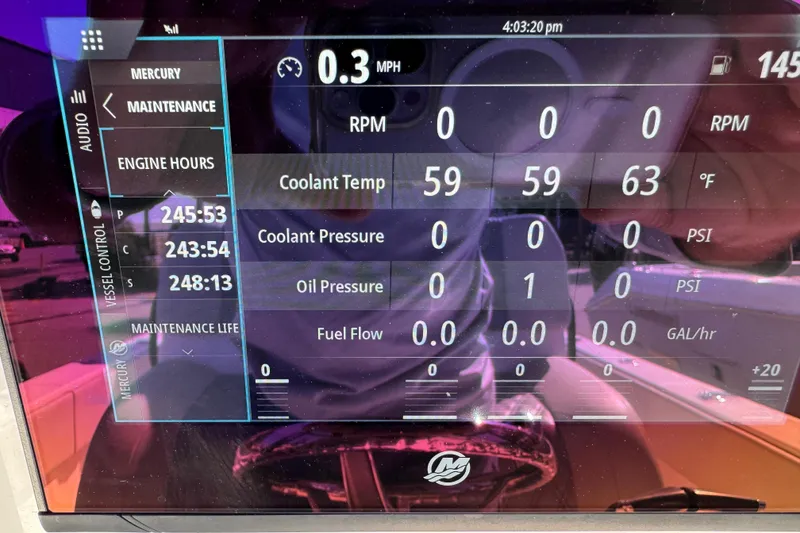 Slide: The Image of Boat dashboard display showing engine metrics for Invincible 36 Open Fisherman, 2021 model. - 23