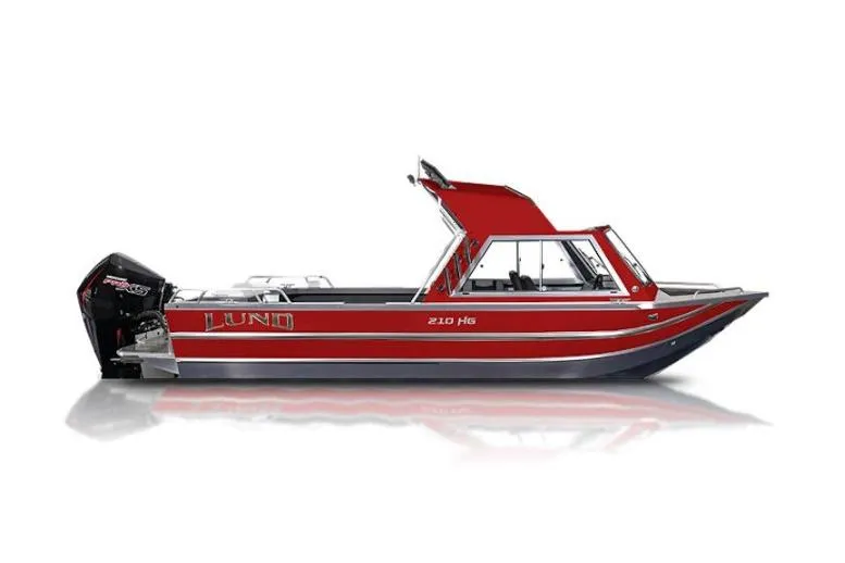 The Image of 2026 Lund 210 Heavy Gauge boat, red exterior, side view, with outboard motor. - 0