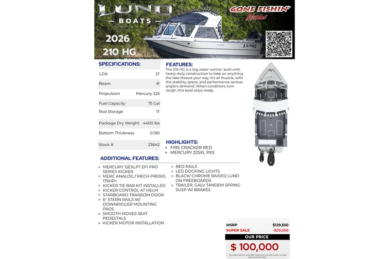 Slide: The Image of Lund 210 Heavy Gauge 2026 boat brochure with specifications and features, priced at $100,000. - 6