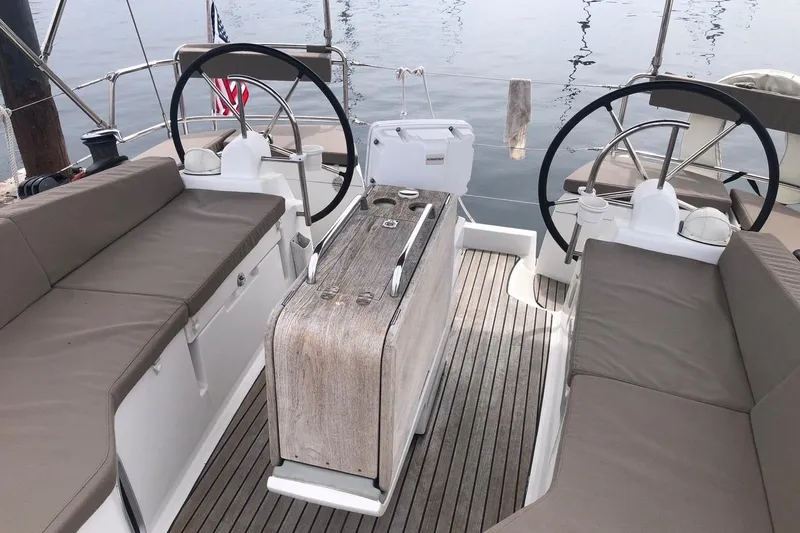 Slide: The Image of Cockpit of 2017 Jeanneau Sun Odyssey 41 DS sailboat with dual steering wheels. - 30
