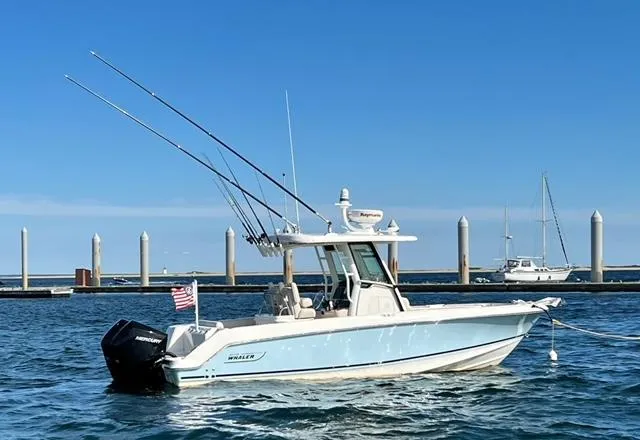 The Image of 2022 Boston Whaler 250 Outrage boat docked in marina, clear blue sky. - 0