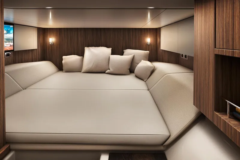 Slide: The Image of Manufacturer Provided Image: Luxurious cabin interior of 2018 Sea Ray SLX 400 with plush bedding and ambient lighting. - 17