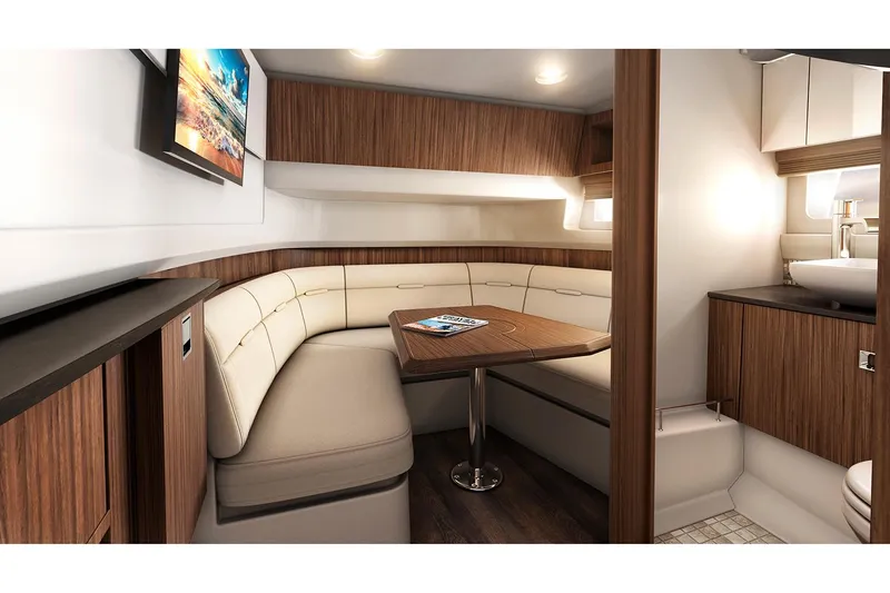 Slide: The Image of Manufacturer Provided Image: Interior of 2018 Sea Ray SLX 400 yacht with modern seating and dining area. - 18