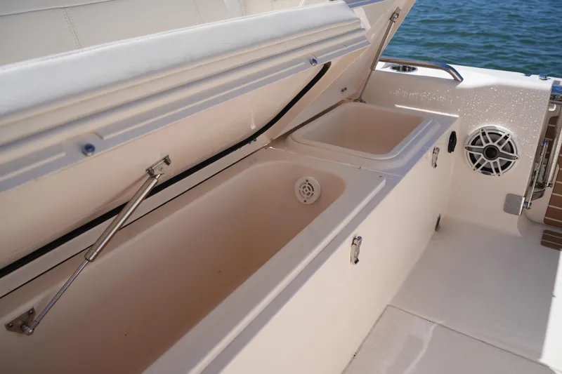 Slide: The Image of 2025 Grady-White 281 Coastal Explorer boat storage compartments and speaker detail. - 20