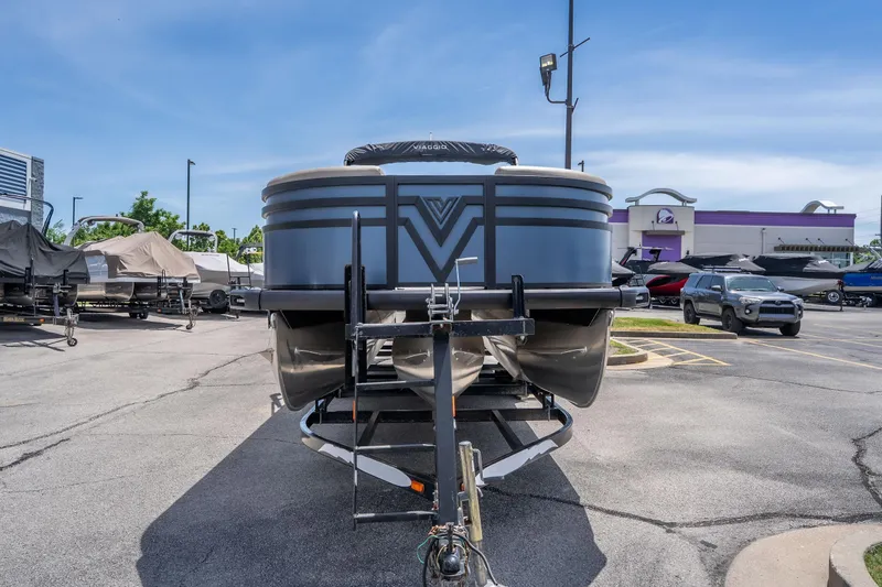 Slide: The Image of 2026 Viaggio X24U pontoon boat on trailer in parking lot, sunny day. - 17