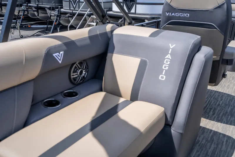 Slide: The Image of Luxurious seating on 2026 Viaggio X24U boat with cup holders and speaker system. - 23