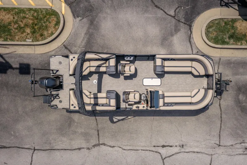 Slide: The Image of Aerial view of 2026 Viaggio X24U pontoon boat with beige seating and modern design. - 39
