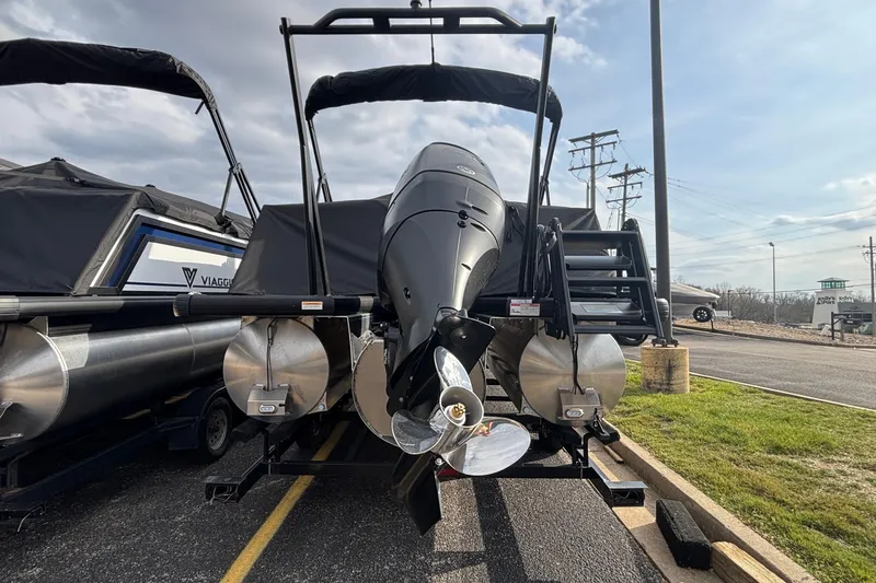 Slide: The Image of 2026 Viaggio X24U pontoon boat rear view with motor and propeller. - 6