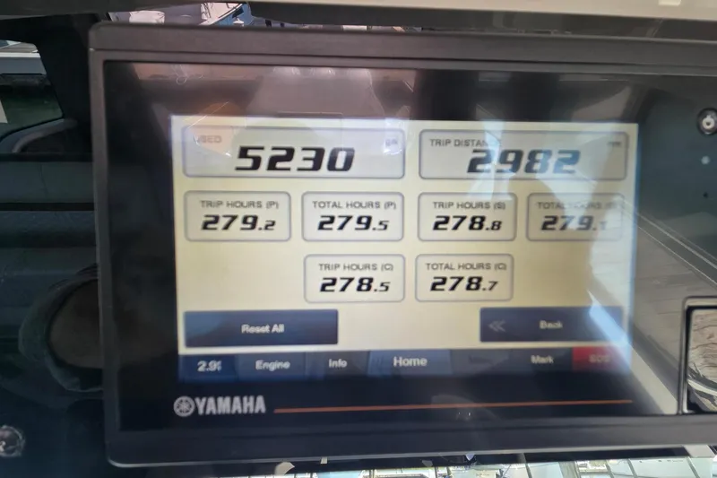 Slide: The Image of Yamaha display showing trip data on a 2022 Tiara Yachts 43 LE. - 34