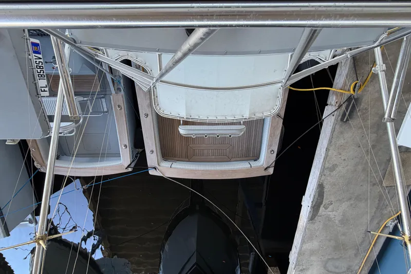 Slide: The Image of Aerial view of 2024 Strike 29 FT Center Console boat docked at marina. - 17