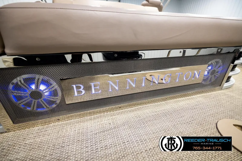 Slide: The Image of 2018 Bennington 24 SSBXPDL boat interior with illuminated logo and speakers. - 46