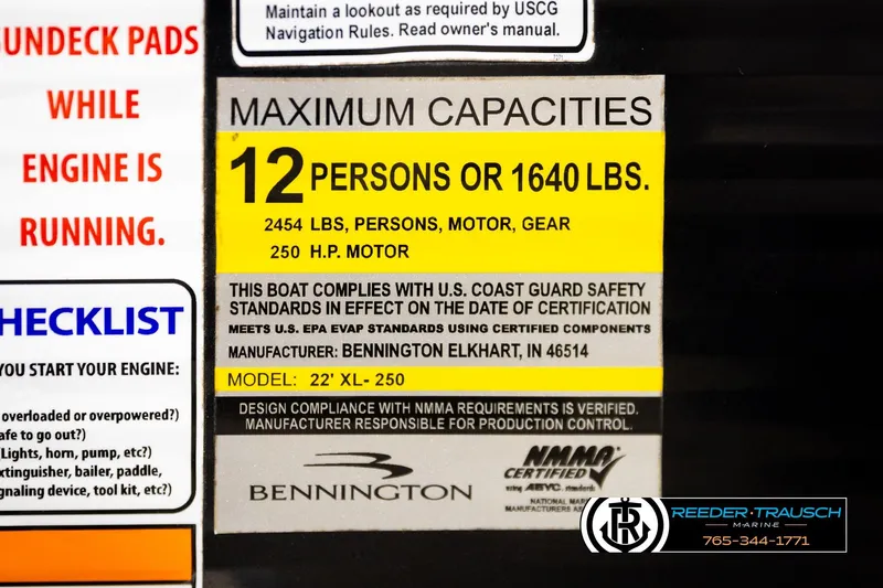 Slide: The Image of 2018 Bennington 24 SSBXPDL capacity label: 12 persons, 1640 lbs, 250 HP motor. - 57