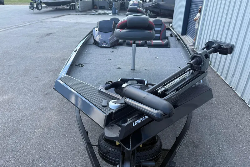 Slide: The Image of 2023 Ranger RT188P boat with Lowrance equipment, parked on a trailer. - 7