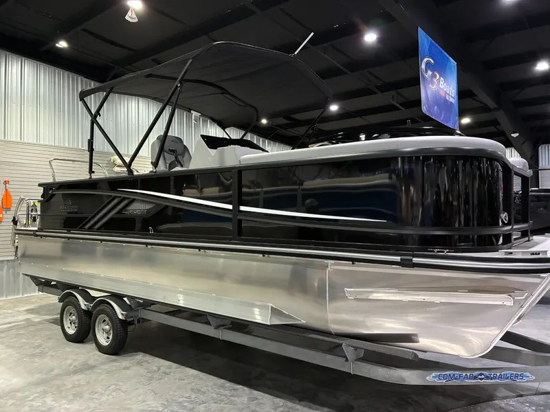 Slide: The Image of SunCatcher Fusion 324SL 2026 pontoon boat in a showroom. - 5
