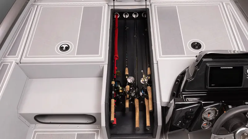 Slide: The Image of 2026 G3 Sportsman 1710 SE boat with fishing rod storage. - 24