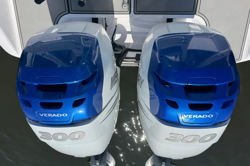Slide: The Image of Twin Mercury Verado 300 engines on a 2008 Donzi 32 ZF Open boat. - 30