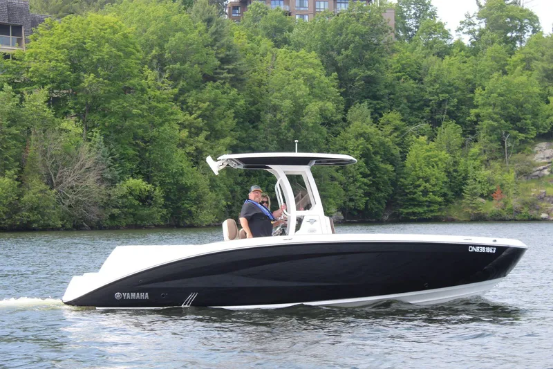 The Image of 2021 Yamaha Boats 255 FSH Sport E cruising on a scenic lake with lush greenery. - 1