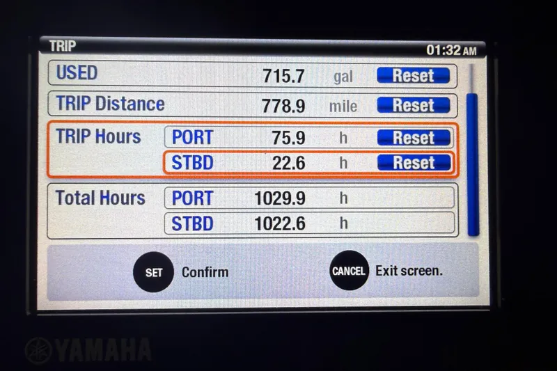 Slide: The Image of Yamaha display showing trip data for 2012 Jupiter 34 FS boat. - 39