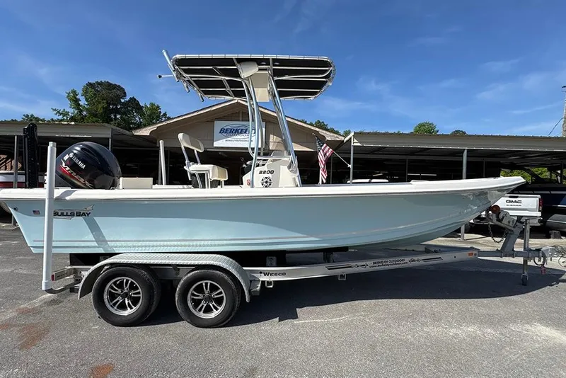 Slide: The Image of 2021 Bulls Bay 2200 boat on trailer, parked outdoors under clear blue sky. - 12