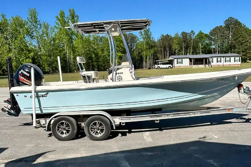 Slide: The Image of 2021 Bulls Bay 2200 boat on trailer, parked outdoors with trees and house in background. - 2