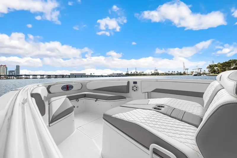 Slide: The Image of Interior of a 2015 Cigarette 41' GTR yacht with luxurious seating. - 14