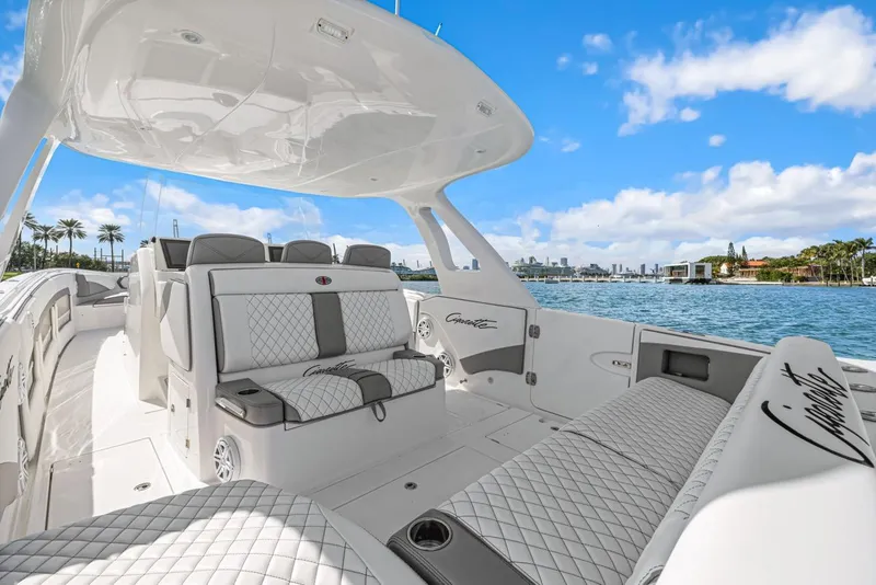 Slide: The Image of Luxurious interior of Cigarette 41' GTR yacht, 2015 model, on open water. - 17