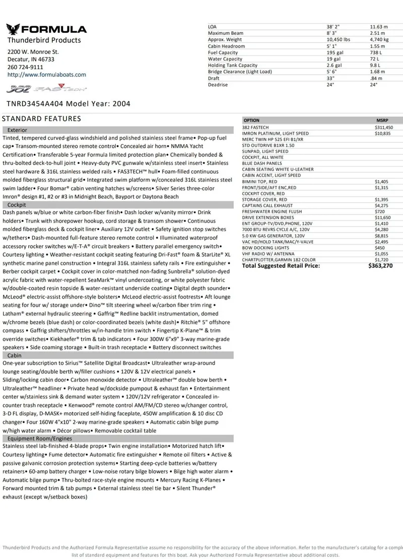 Slide: The Image of 2004 Formula 382 FASTech brochure detailing specifications and standard features. - 19