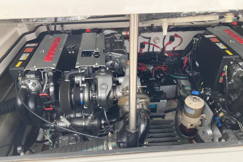 Slide: The Image of Engine compartment of a 2002 Tiara Yachts 2900 Open, featuring Yanmar engines. - 71